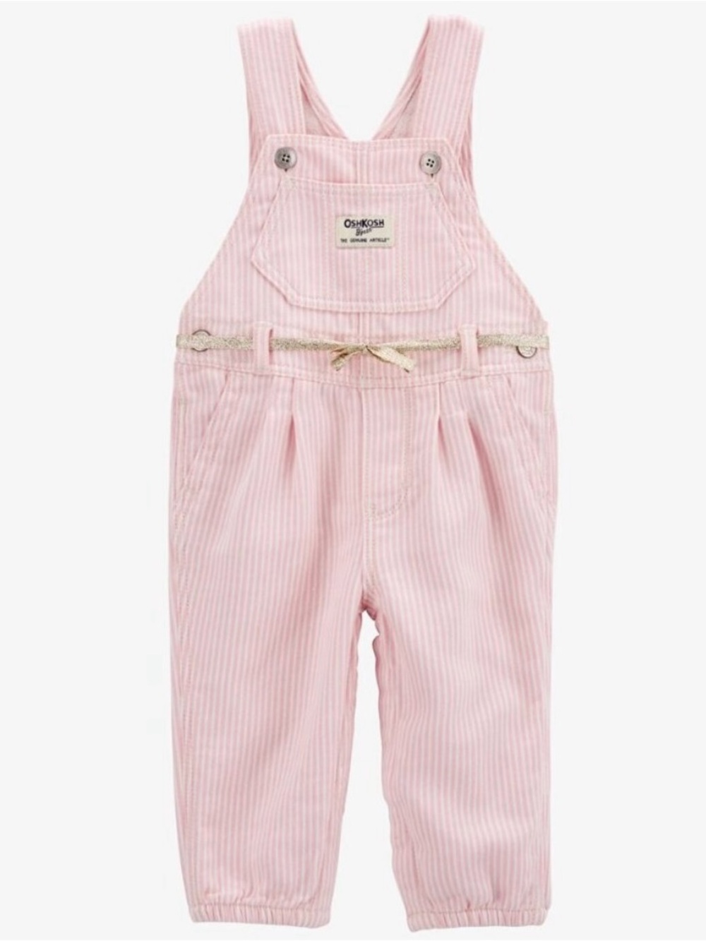 NWT OshKosh B’gosh Pink Hickory Stripe Overalls 12-18M Gold Bow